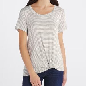 Nine Britton Levie Short Sleeve Knot Front Knit Top Large Striped Off White